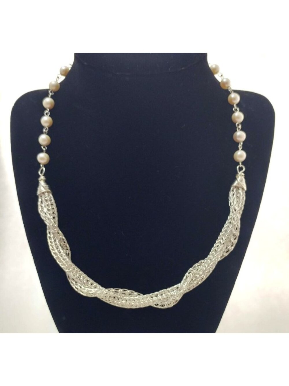 Fine Silver .999 Twisted Viking Knit and Freshwater Pearl Necklace, Artisan-Made